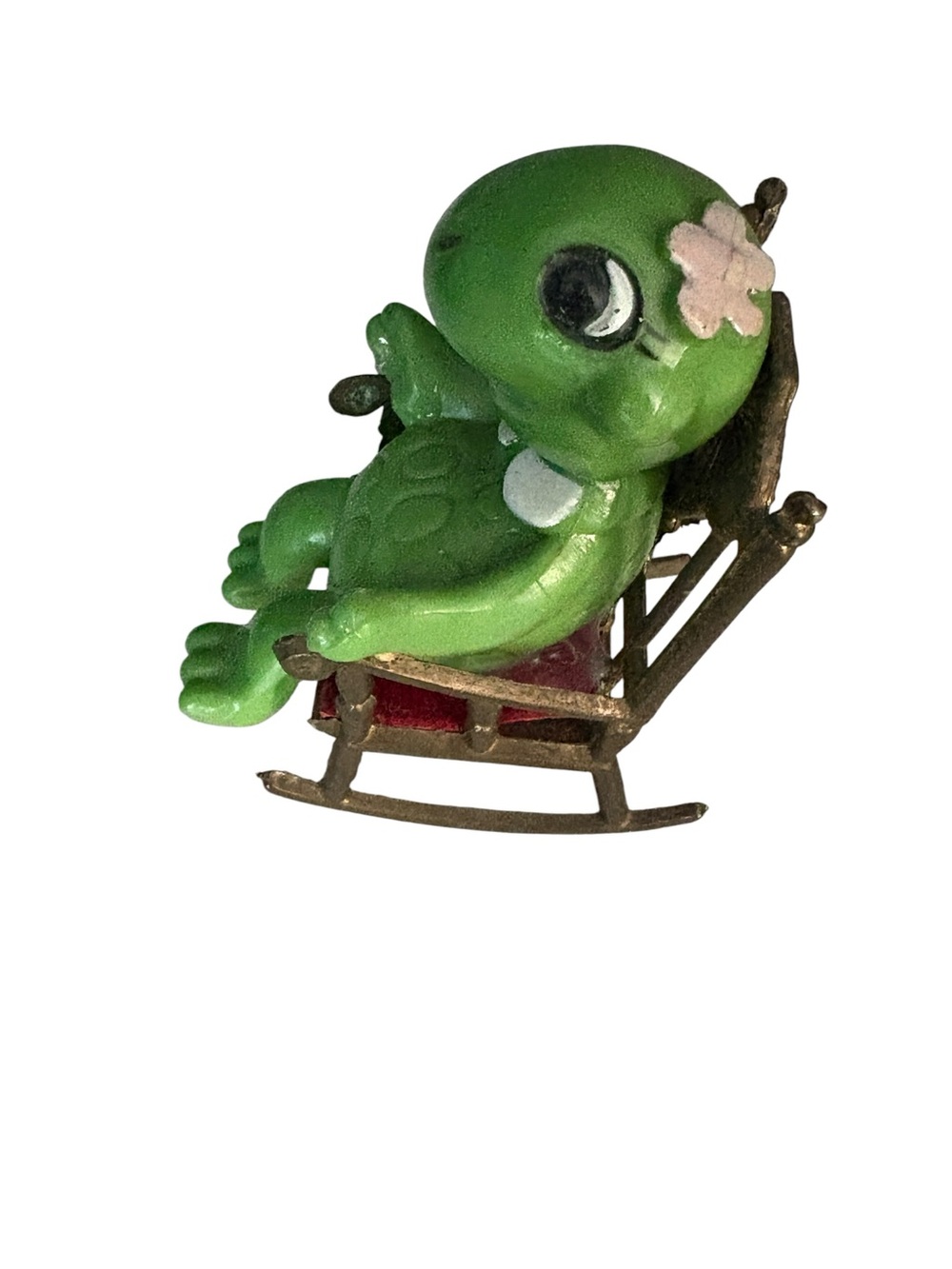 Vintage Enesco Turtle Girl Gold Rocking Chair Mini 2.5” Anthropomorphic
